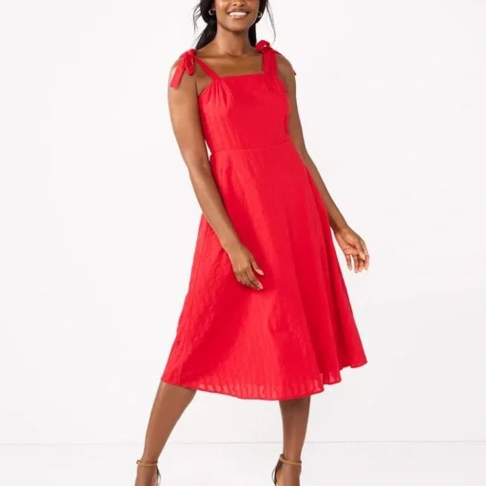 Women's Red Summer Midi Sundress Adjustable Tie Shoulders Cotton, Small